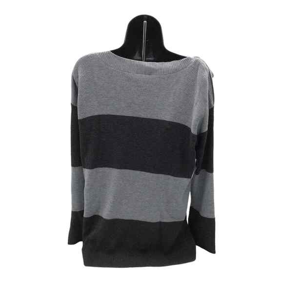 Vince Camuto Women’s Medium Gray Black Stripe Sweater Button Shoulder NWOT - Picture 8 of 15